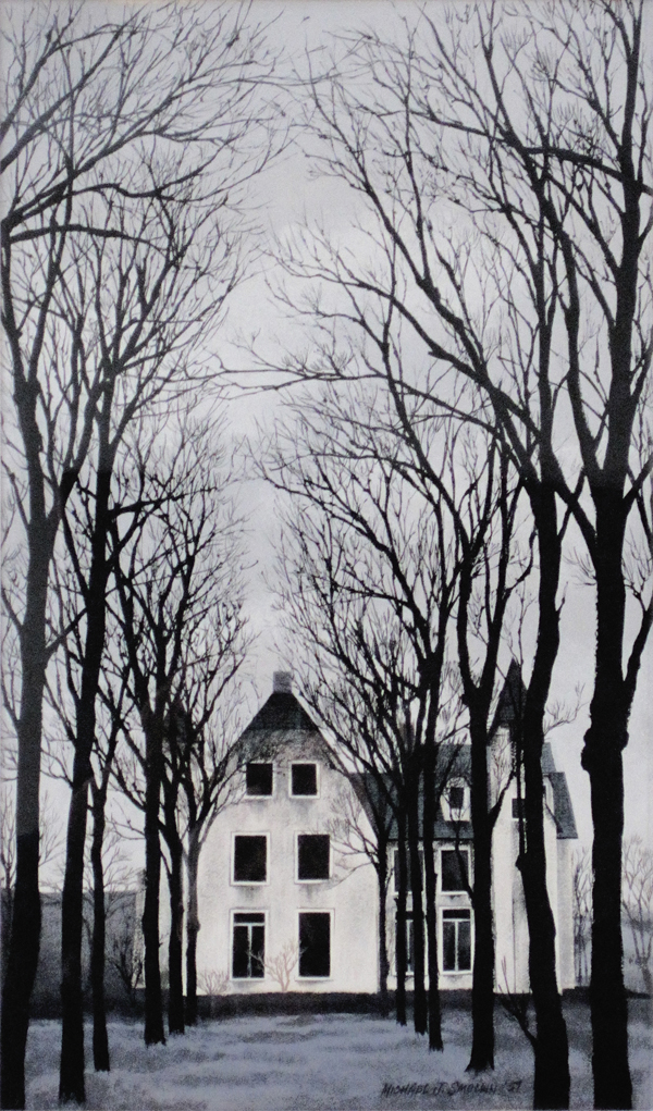 Winter Manor gouache painting by Michael Smollin