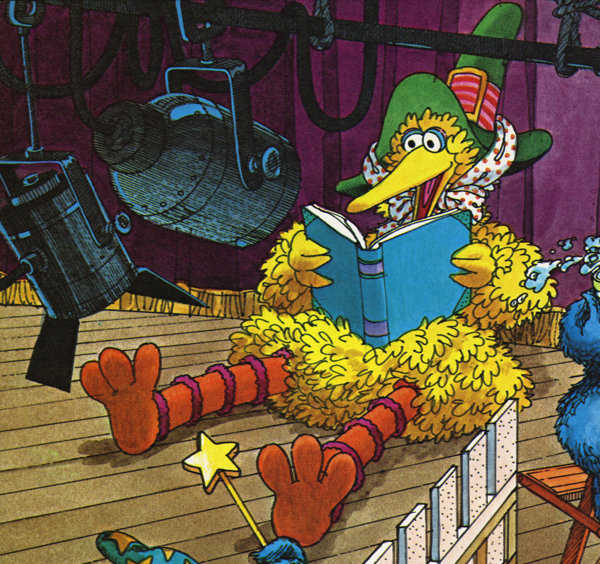 Big Bird Reads Again in the 1981 Sesame Street Mother Goose Calendar illustrated by Michael Smollin