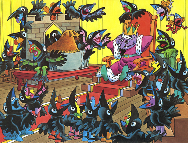 Four and twenty black birds for August of the 1981 Sesame Street Mother Goose Calendar illustrated by Michael Smollin