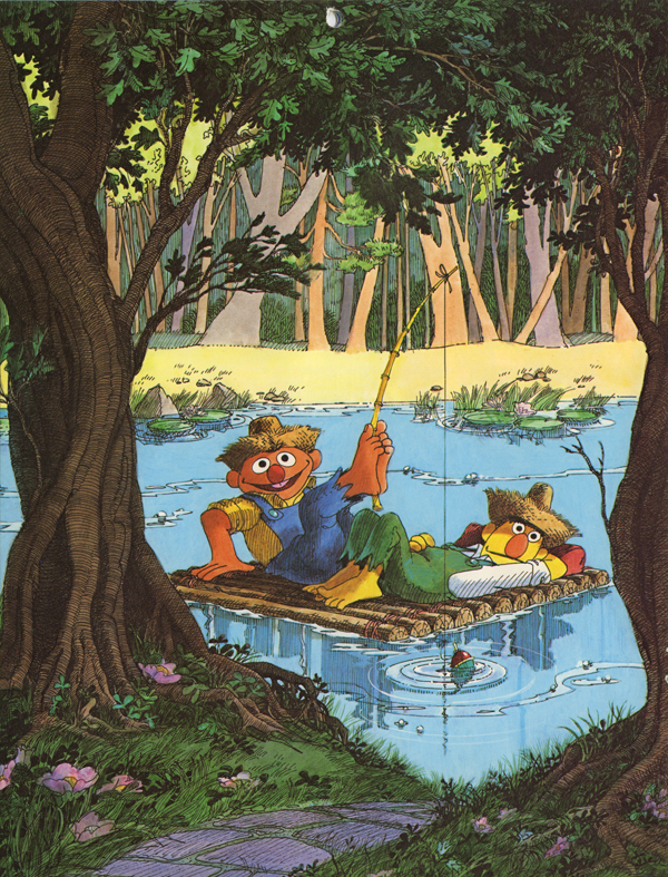 Ernie and Bert as Tom and Huck from the 1982 Sesame Street Storytime Calendar illustrated by Michael Smollin