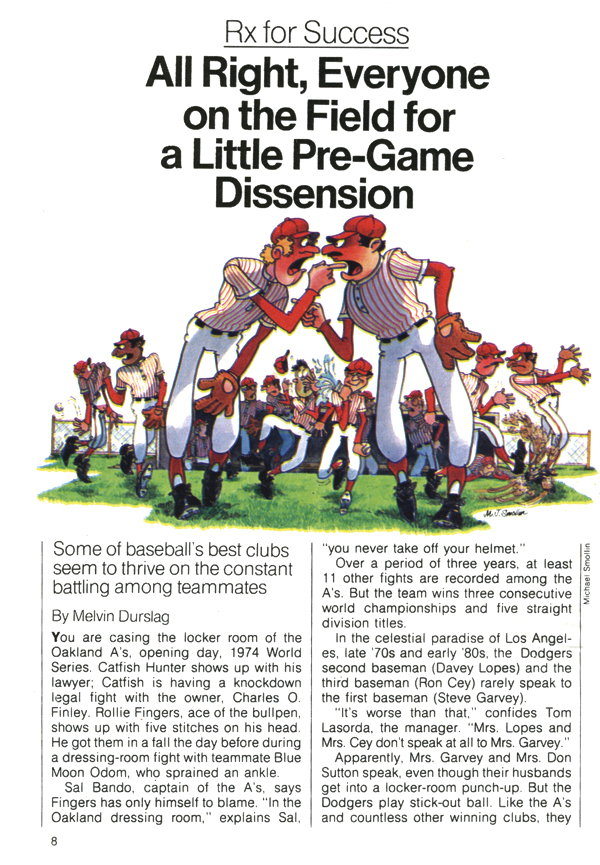 Pre-Game Dissension basball illustration by Michael Smollin